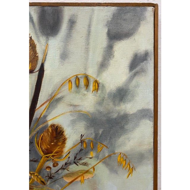 Vintage Still Life Oil Painting With Dried Flowers in a Green Vase by J. Viola C.1979 For Sale - Image 4 of 13