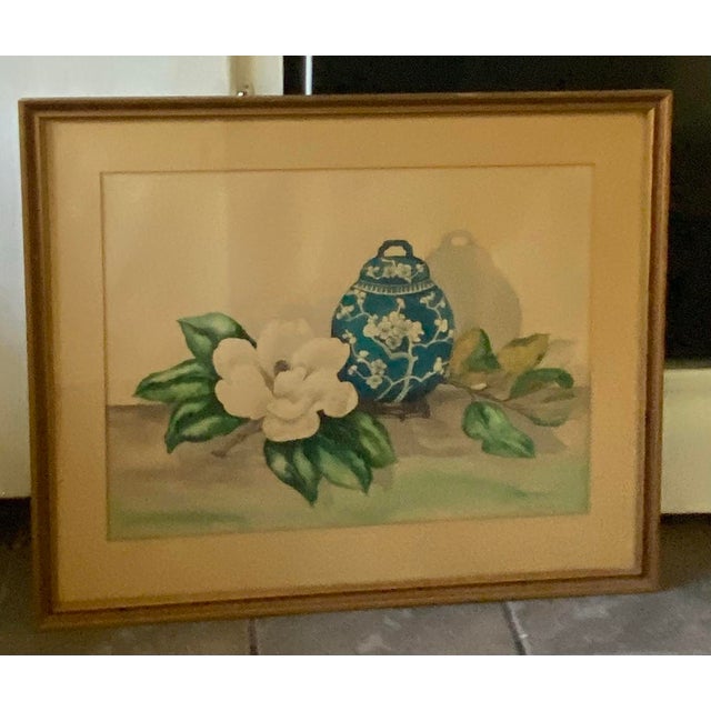1952 Floral Still Life Watercolor by Nita Bradley – Magnolia & Blue Vase, Framed For Sale - Image 9 of 12