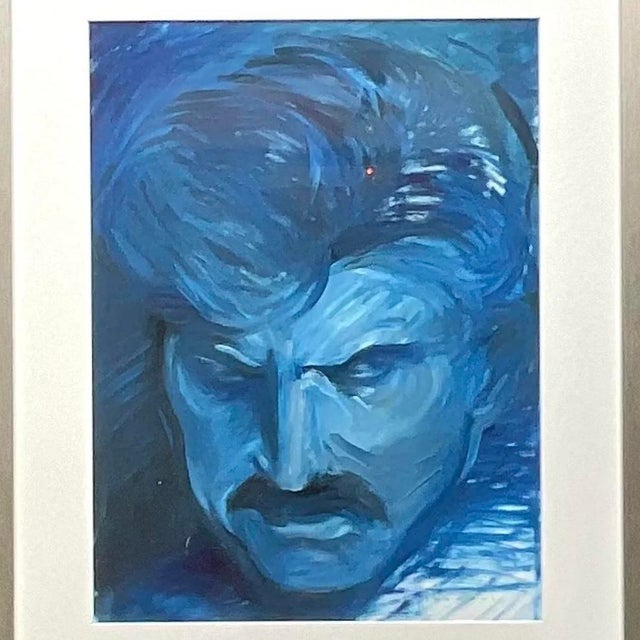Vintage Signed Blue Expressionist Male Portrait Oil Painting For Sale - Image 14 of 15
