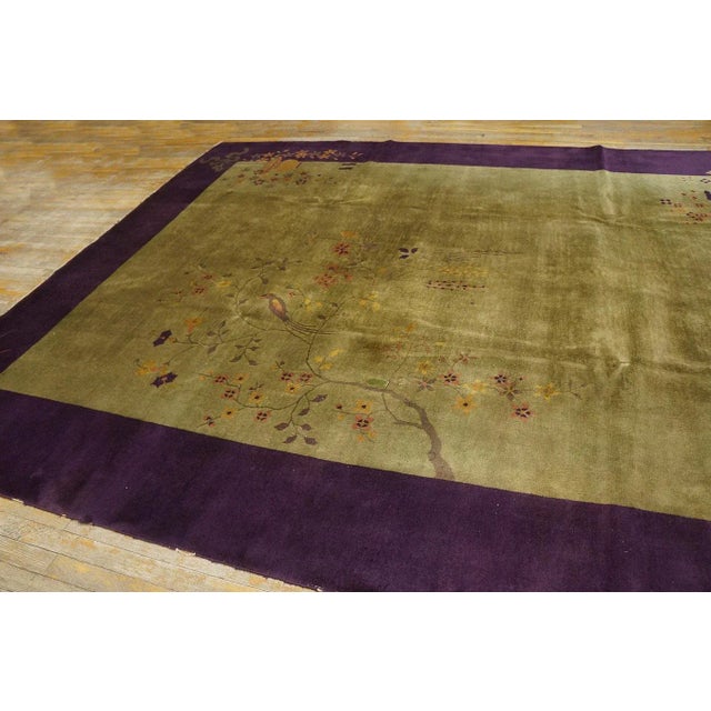 1920s Olive Green Floral Vase Antique Chinese Art Deco Carpet 9' X 12' Knotted Wool Rug For Sale - Image 4 of 11