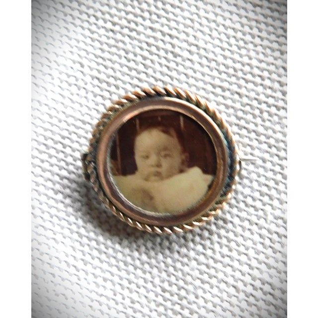 Gold Antique Petite 10k Round Baby Sepia Portrait Pin For Sale - Image 8 of 10