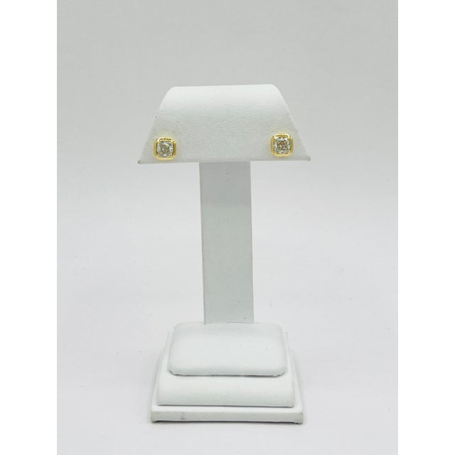 2020s Gia Cushion 1 Carat Each Diamond Bezel Stud Earrings in 18k Yellow Gold, A Pair For Sale - Image 5 of 6