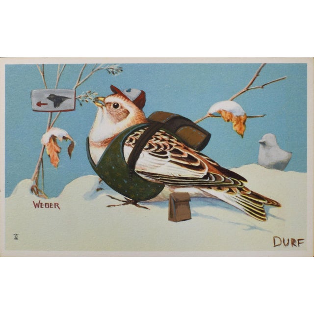 Waiting for the Flock by Nathan Durfee | Acrylic on vintage postcard Bird in winter scene. For Sale