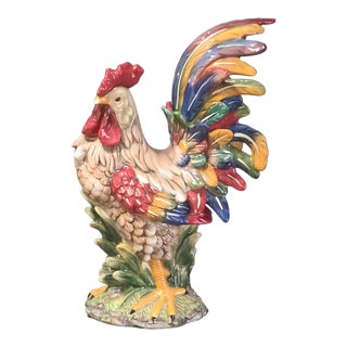 Late 20th Century Painted Colorful Majolica Porcelain Country French Decorative Proud Rooster For Sale