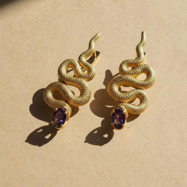 Not Yet Made - Made To Order Massive Snake Earrings With Amethysts in Opened Mouth, Pair For Sale - Image 5 of 7