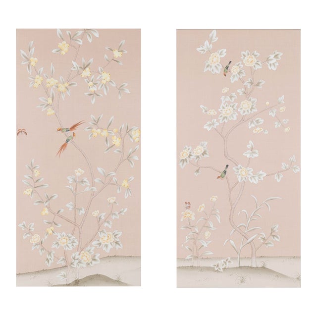 24"*48", Hand-Painted Pink Chinoiserie Silk Wallpaper Panels - Set of 2, No Frame For Sale