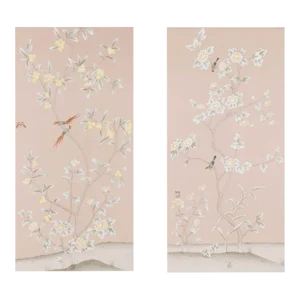 24"*48", Hand-Painted Pink Chinoiserie Silk Wallpaper Panels - Set of 2, No Frame