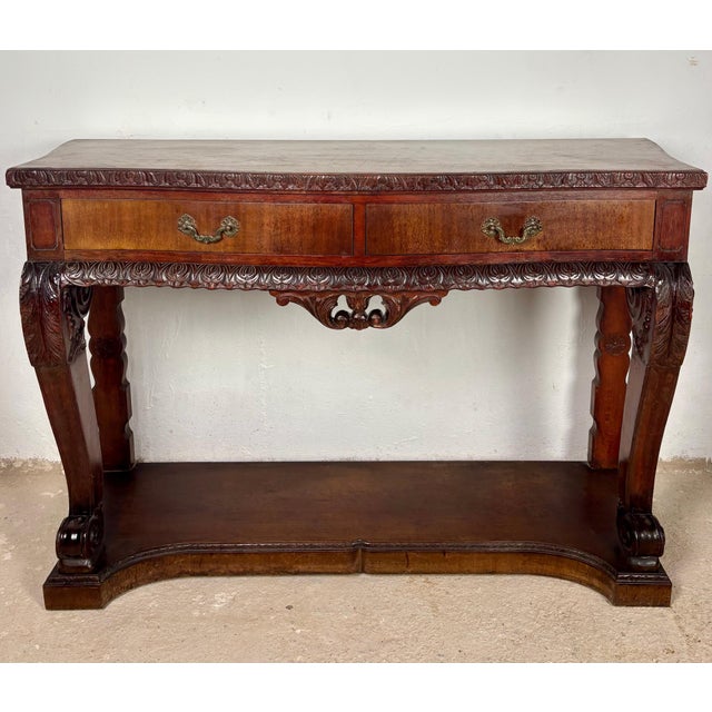 1940s Spanish Carved Console Table with Two Drawers For Sale - Image 4 of 11