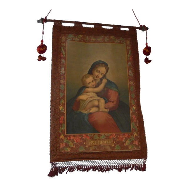 19th Century Italian Religious Banner Ave Maria Oliograph With Tassels For Sale
