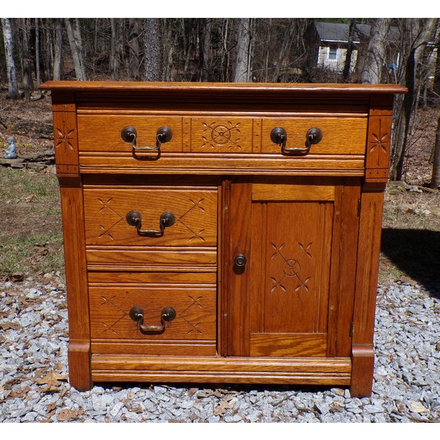 Antique Victorian Eastlake Style Chest Commode Cottage Country Washstand Cabinet. Features solid Oak construction with...