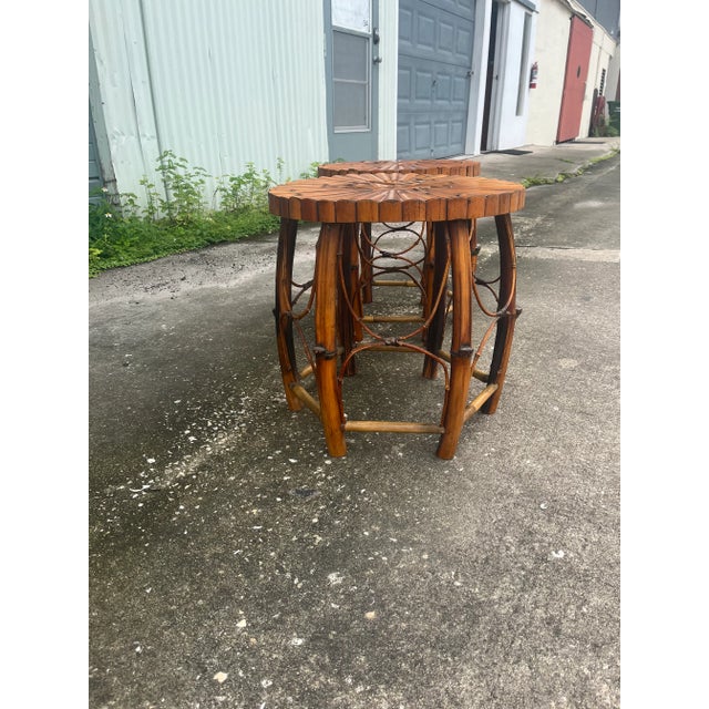Late 20th Century Rattan and Bamboo Barrel Side Tables With Inset Star Top - Set of 2 For Sale - Image 10 of 12