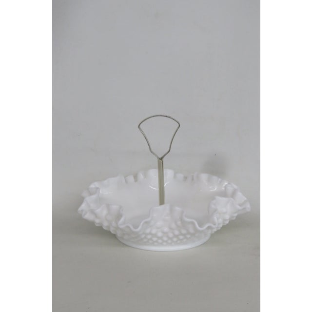 Fenton Art Glass Company Mid 20th Century Fenton White Milk Glass Ruffled Edge Hobnail Candy Dish With Metal Handle For Sale - Image 4 of 14