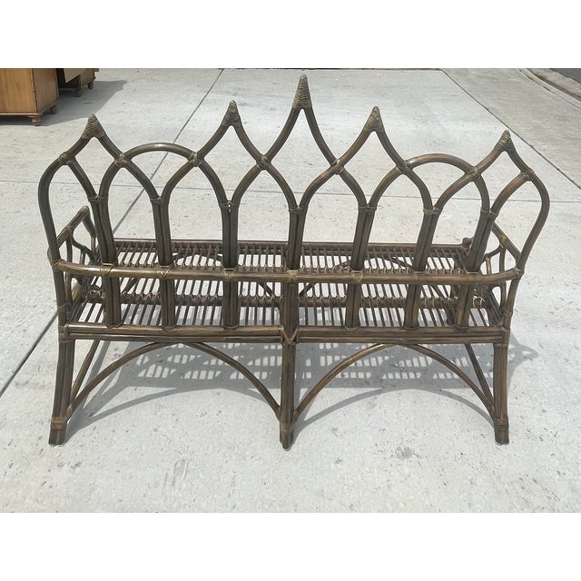 Super rare! Gorgeous gothic style rattan bench by luxury furniture brand McGuire of San Francisco. I have never seen...