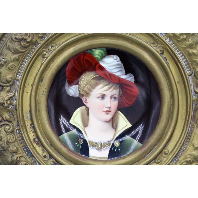 Traditional Circa 1870-1900 Porcelain Painted Plaque in Brass Holder, Continental For Sale - Image 3 of 6