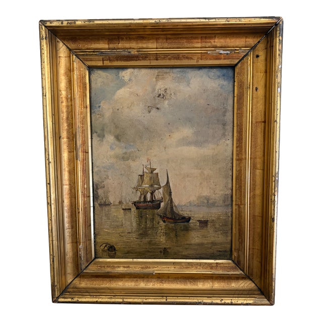 Late 19th Century Maritime Seascape Oil on Board in Original Giltwood Frame For Sale