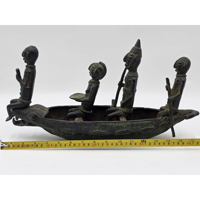 Metal Authentic Mid Cent. 16" Benin Bronze Boat Sculpture African Tribal Lost Wax Art For Sale - Image 7 of 18