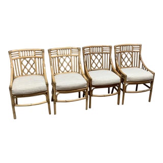 4 Bamboo Mid Century Modern Chairs Rattan Dining Room Chair MCM Upholstered For Sale