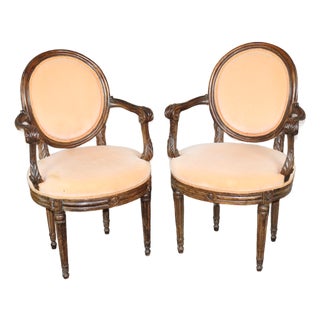Pair of 18th C. French Louis XVI Carved Upholstered Armchairs For Sale