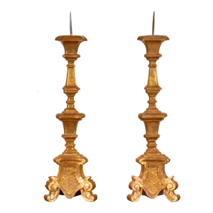 Pair of 18th C Style Italian Giltwood Picket Candlesticks