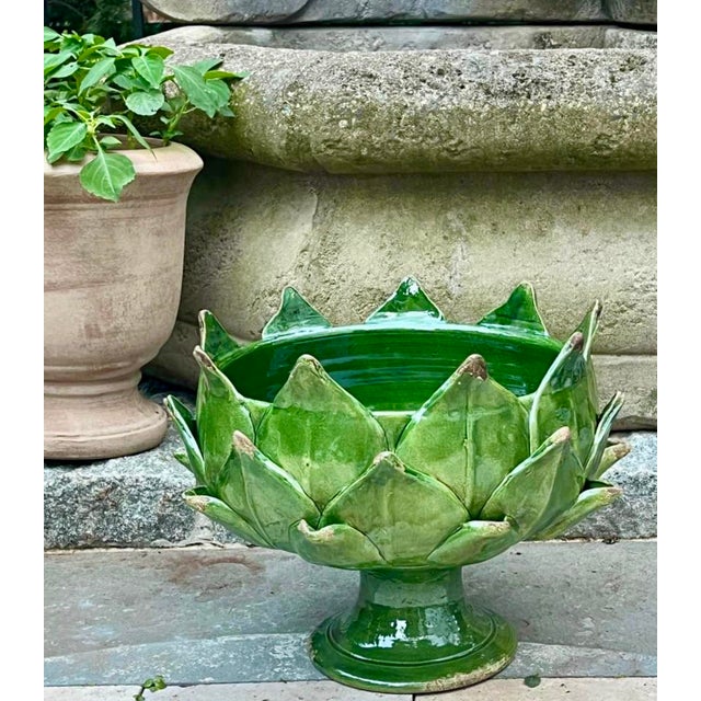 Emerald Italian Majolica Artichoke Pedestal Bowl, Emerald Green For Sale - Image 8 of 8