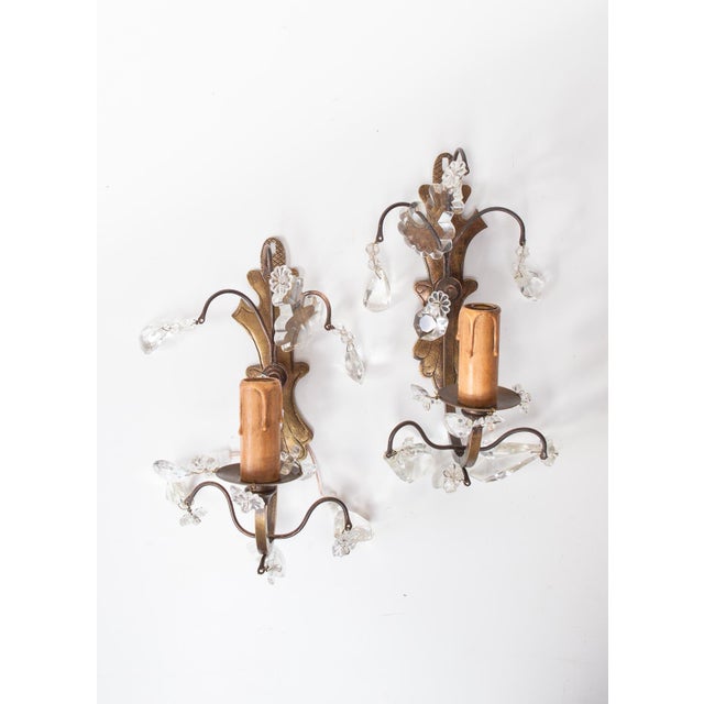 Metal Antique French Brass and Crystal Wall Sconces, 1930s, Set of 2 For Sale - Image 7 of 11