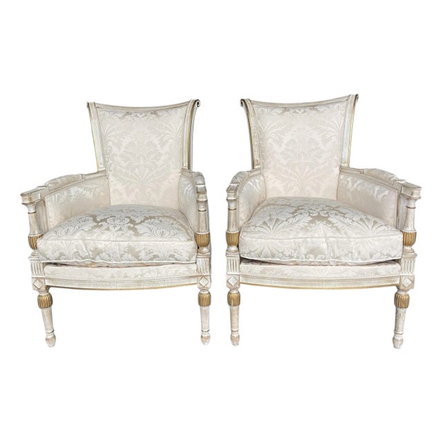 Judith Norman French Neoclassical Bergere Armchairs in Damask Fabric, a Pair, Gilt, Design Center of America For Sale