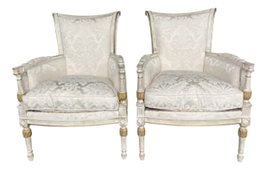 Judith Norman French Neoclassical Bergere Armchairs in Damask Fabric, a Pair, Gilt, Design Center of America