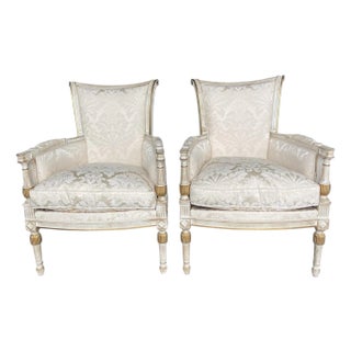 Late 20th Century Judith Norman French Neoclassical Armchairs in Damask Fabric, a Pair, Bergere, Gilt, Design Center of America For Sale