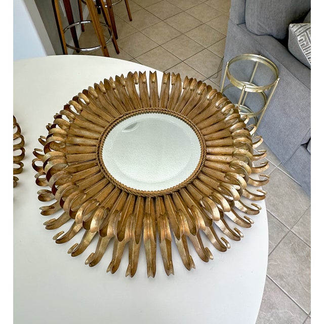 Pair Gilt Metal Eyelash Sunburst Convex Wall Mirrors For Sale In Palm Springs - Image 6 of 18