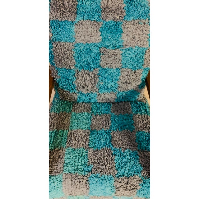 Wood Handmade Moroccan Checkered Blue Turquoise and Gray Wool Chair For Sale - Image 7 of 10