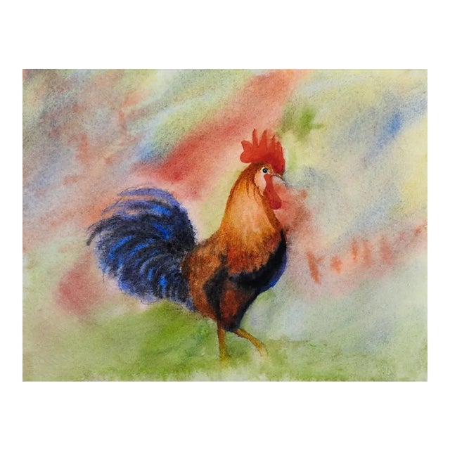 Small Contemporary Rooster Watercolor Painting For Sale
