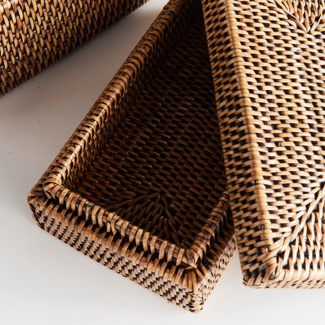 Transitional Burma Rattan Rectangular Lidded Boxes, Set Of 2 For Sale - Image 3 of 3