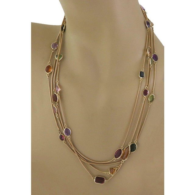 Metal Gold Necklace Multi-Color Gems 18kYellow Snake Chain 90" For Sale - Image 7 of 7