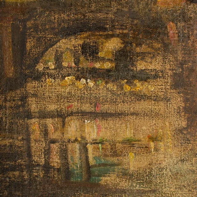 Early 20th Century "Augustusbrücke" Oil Painting of a Bridge in Dresden at Night, Late 19th Century. For Sale - Image 5 of 12