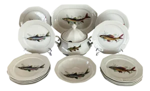 Porcelain Fish Service with Soup Tureen and Bowl by Winterling Marktleuthen, Bavaria, Germany, 1970s, Set of 15
