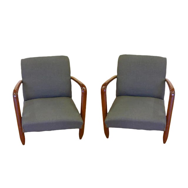 1960s Vintage Italian Modern Design Walnut Armchairs in Gray Blue Denim - a Pair For Sale