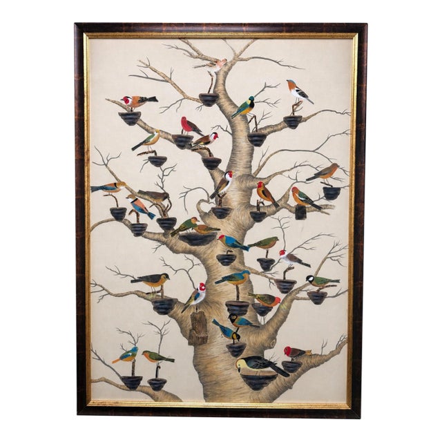 Chelsea House “The Aviary” Hand-Painted Watercolor on Silk For Sale