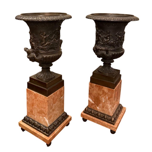 French Pair of 19th Century French Bronze Urns on Marble Pedestals. For Sale - Image 3 of 10