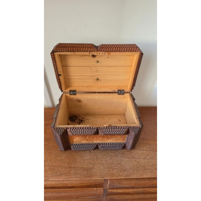 Late 20th Century Antique Tramp Art Wooden Box, Hand Carved Folk Art Chest, Chip Carved Jewelry Box, Rustic Primitive Storage, Collectible Decor For Sale - Image 5 of 17