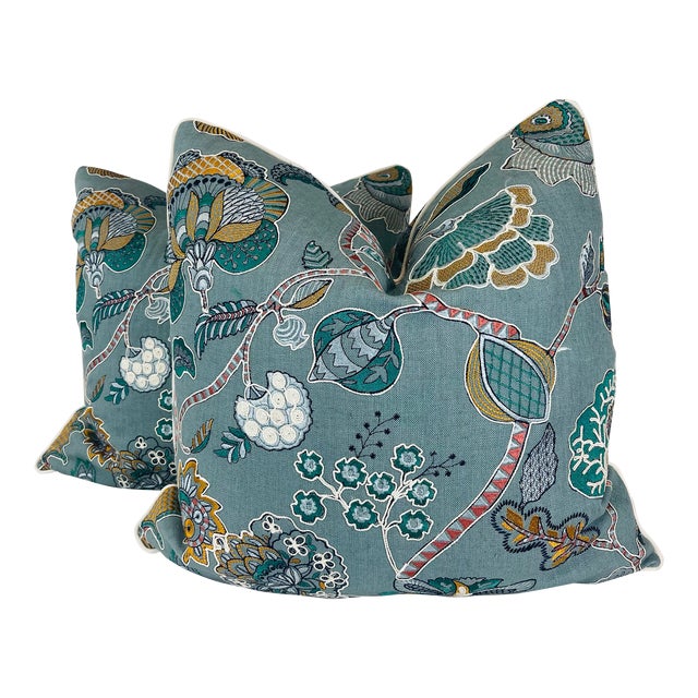 Embroidered Floral in Blue 22" Pillows-A Pair For Sale