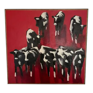 Vintage Painting of Black and White Cows on Red Background by Jeanette Welty Chelf