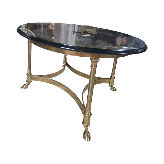 Glass Vintage Brass & Beveled Glass Oval Coffee Table With Hoof Feet For Sale - Image 7 of 12