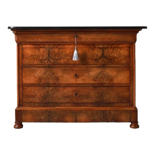19th C. French Louis Philippe Commode With Burled Walnut and Black Marble Top For Sale