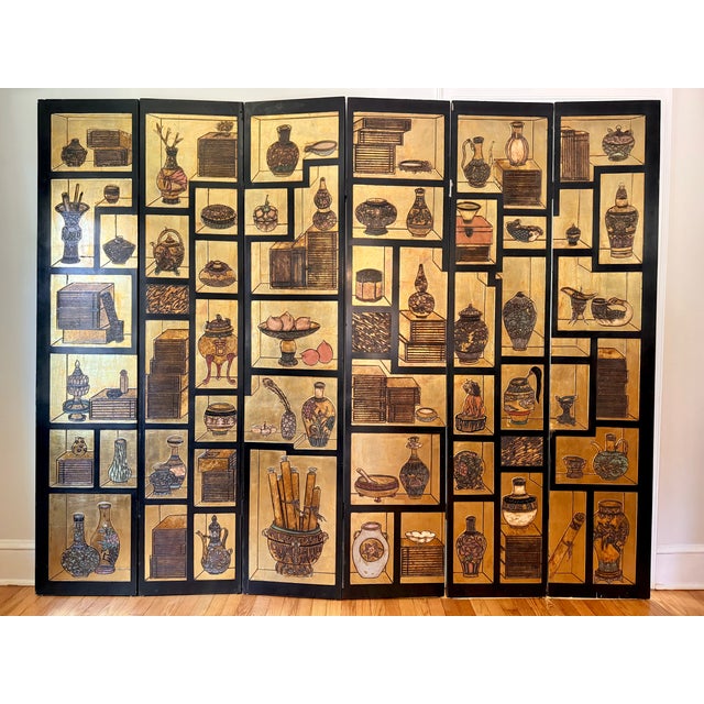 Magnificent Chinese export six-panel folding coromandel screen featuring gold recessed windows filled to the brim with...