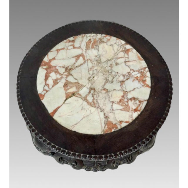 Brown Antique Chinese Rosewood and Beige Marble Display Stand / Pedestal, Side Table, or Stool For Sale - Image 8 of 10