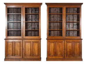 Large Antique English Oak Glazed Bookcase Cabinet, 1880