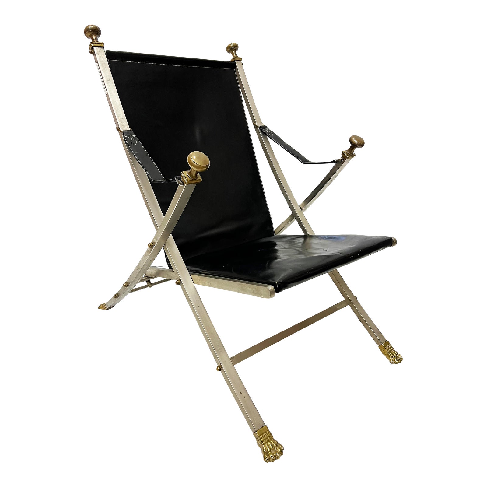 1960s Maison Jansen Steel, Bronze, Leather Campaign Chair by Otto