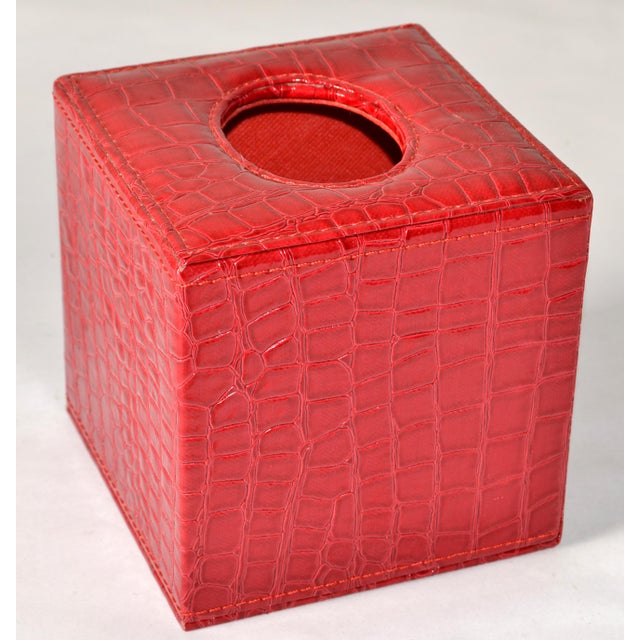 French Vintage Square Red Embossed Faux Crocodile Leather Tissue Box Cover For Sale - Image 3 of 12