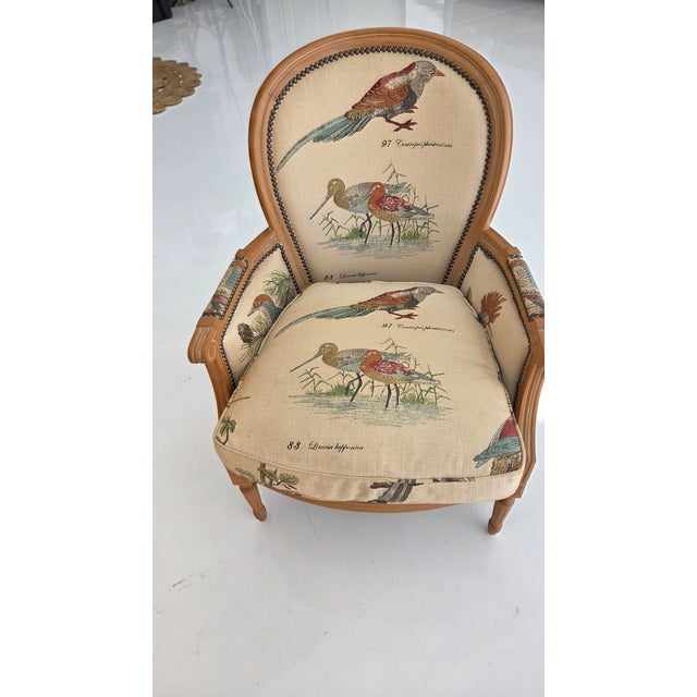 1980s French Louis XVI Style Armchair With Upholstered Bird Tapestry Fabric For Sale - Image 4 of 15