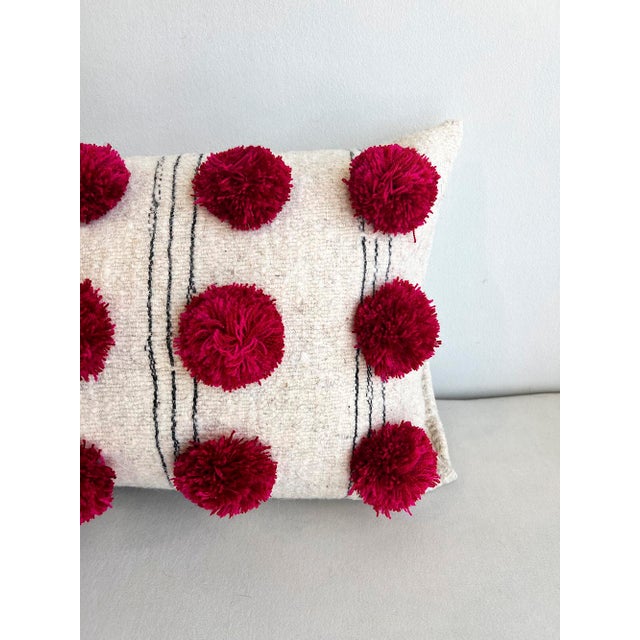 Chamula White With Gray Stripes Red PomPom Throw Pillow Handmade From 100% Wool For Sale - Image 4 of 5